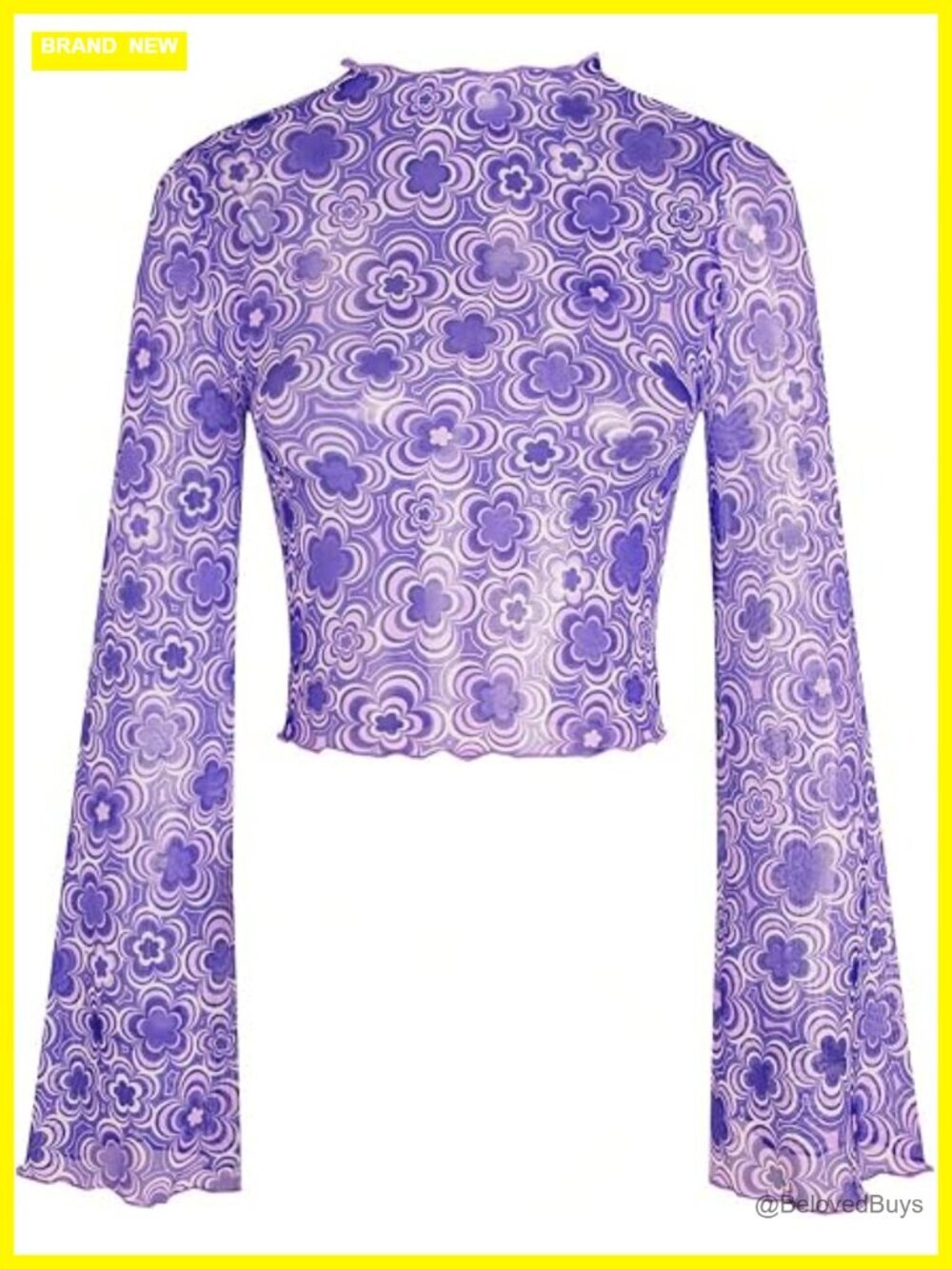 Bell Sleeve Lettuce Trim Mock Neck Floral Mesh Top Crop T Shirt